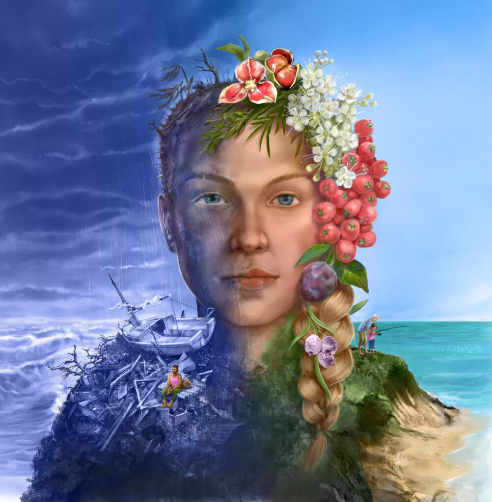 Maria Pena, artist and illustrator Portrait of woman with fruit on her head with ocean and sky in the background and boat wreckage