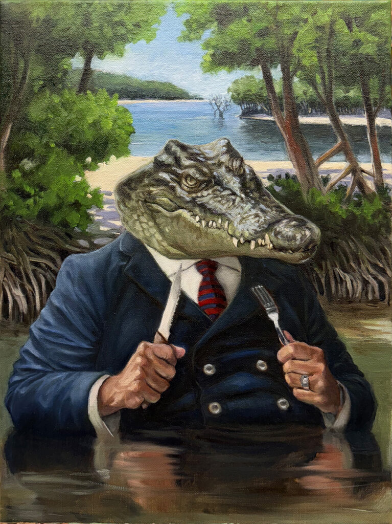 Anthropomorphic animal portrait of a Saltwater Crocodile. The crocodile is dressed in a suit and is holding a knife and fork in its hands as if its about to eat. Oil painting by Maria Pena, Artist and Illustrator.