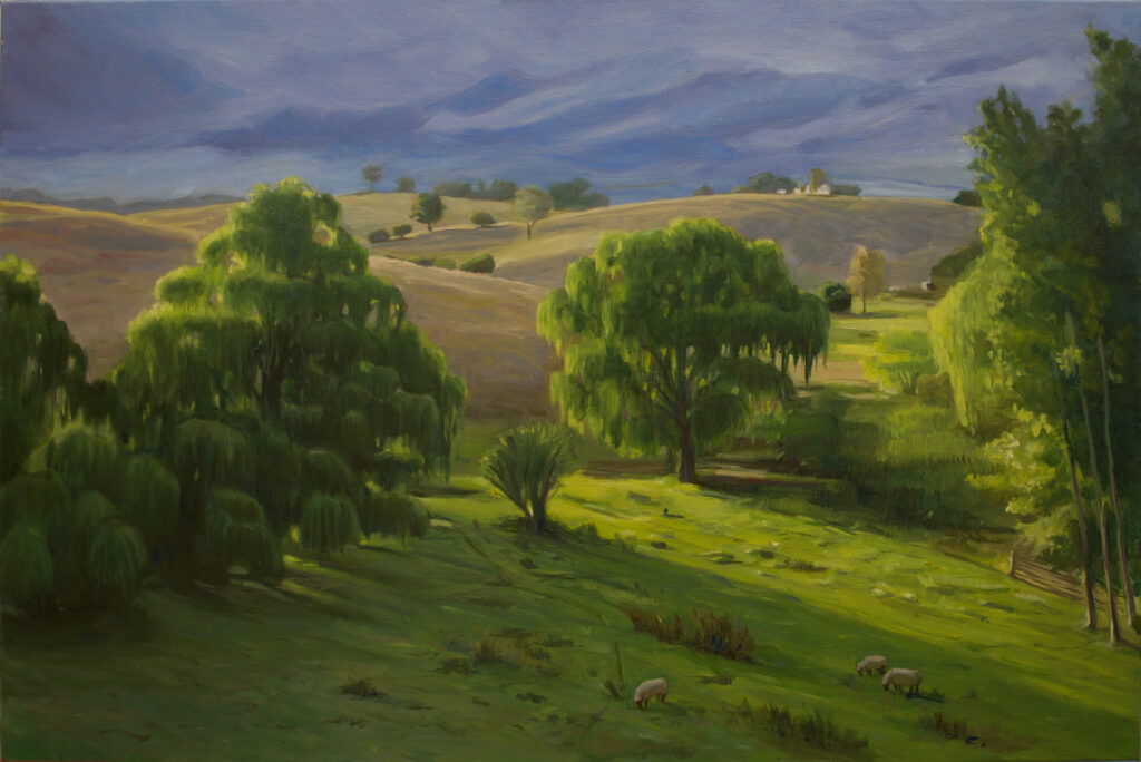 Landscape oil painting of Light coming through willow trees in Candelo, New South Wales Australia. By Maria Pena Artist and Illustrator. Also known as Maria de Los Angeles Pena. storyboarder, storyboarder Australia, Storyboarderau