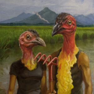 Original oil painting of male and female Australian brush turkeys in front of flooded sugar cane field with mountains in the background, holding a rake. By Maria Pena Artist and Illustrator. Also known as Maria de Los Angeles Pena. storyboarder, storyboarder Australia, Storyboarderau