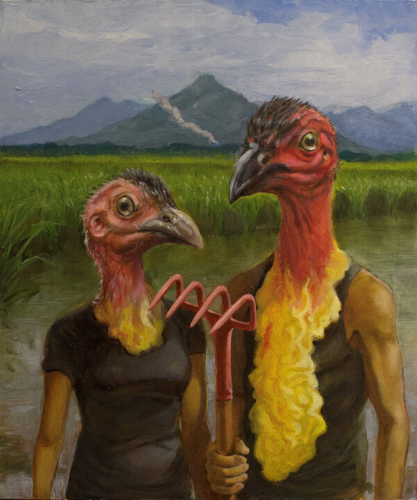 Original oil painting of male and female Australian brush turkeys in front of flooded sugar cane field with mountains in the background, holding a rake. By Maria Pena Artist and Illustrator. Also known as Maria de Los Angeles Pena. storyboarder, storyboarder Australia, Storyboarderau