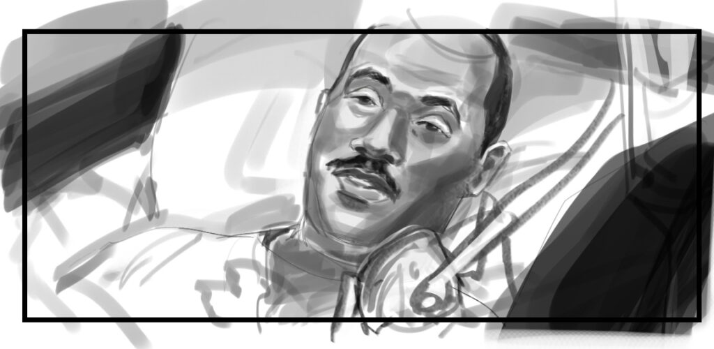 Maria Pena artist, digital black and white illustration of a close up of Eddie Murphy in Beverly Hills Cop Alex F. By Maria Pena Artist and Illustrator. Also known as Maria de Los Angeles Pena. storyboarder, storyboarder Australia, Storyboarderau