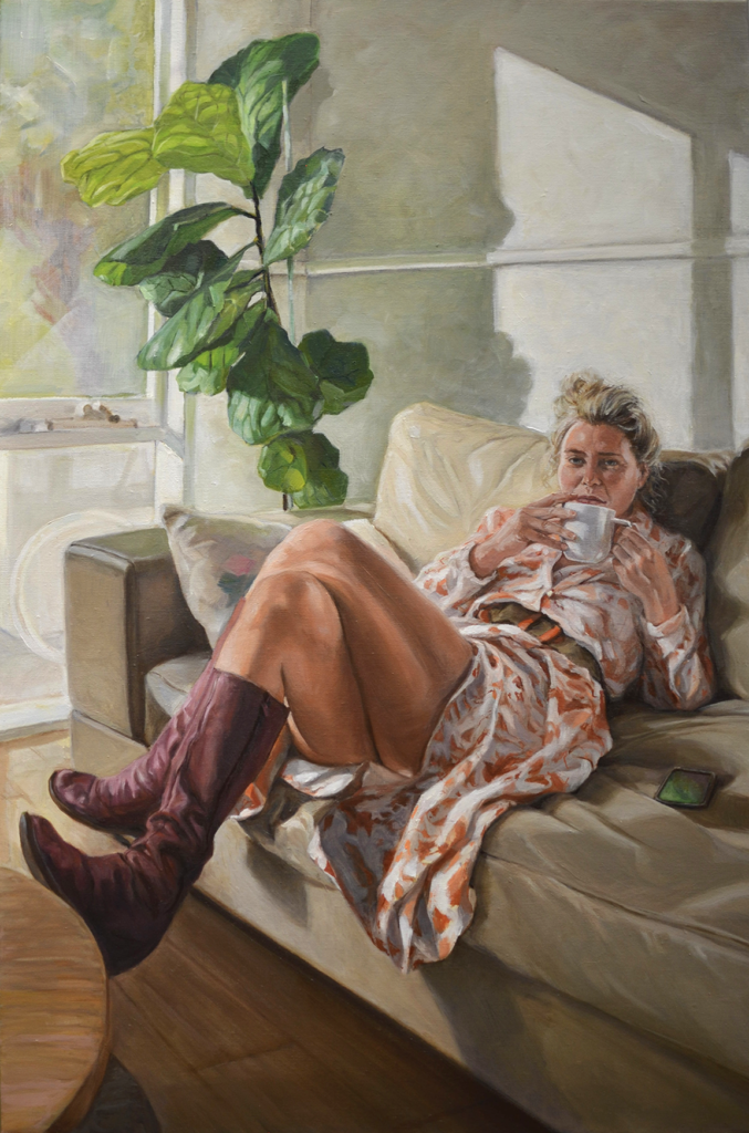 Maria Pena artist and illustrator. Original oil painting of woman recling on couch with legs crossed in knee high brown leather boots sipping a cup of coffee. There is a large green plant next to her with sunlight streaming through window. By Maria Pena Artist and Illustrator. Also known as Maria de Los Angeles Pena. storyboarder, storyboarder Australia, Storyboarderau