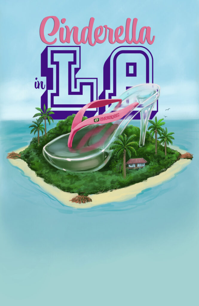 Maria Pena original hand drawn illustration of glass stiletto shoe with pink thong straps titled Cinderella in LA.