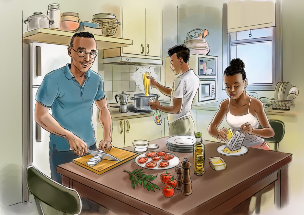 Colour illustration of a diverse family cooking pasta in a humble kitchen . Digital colour storyboard style sample by Maria Pena Storyboard artist  
