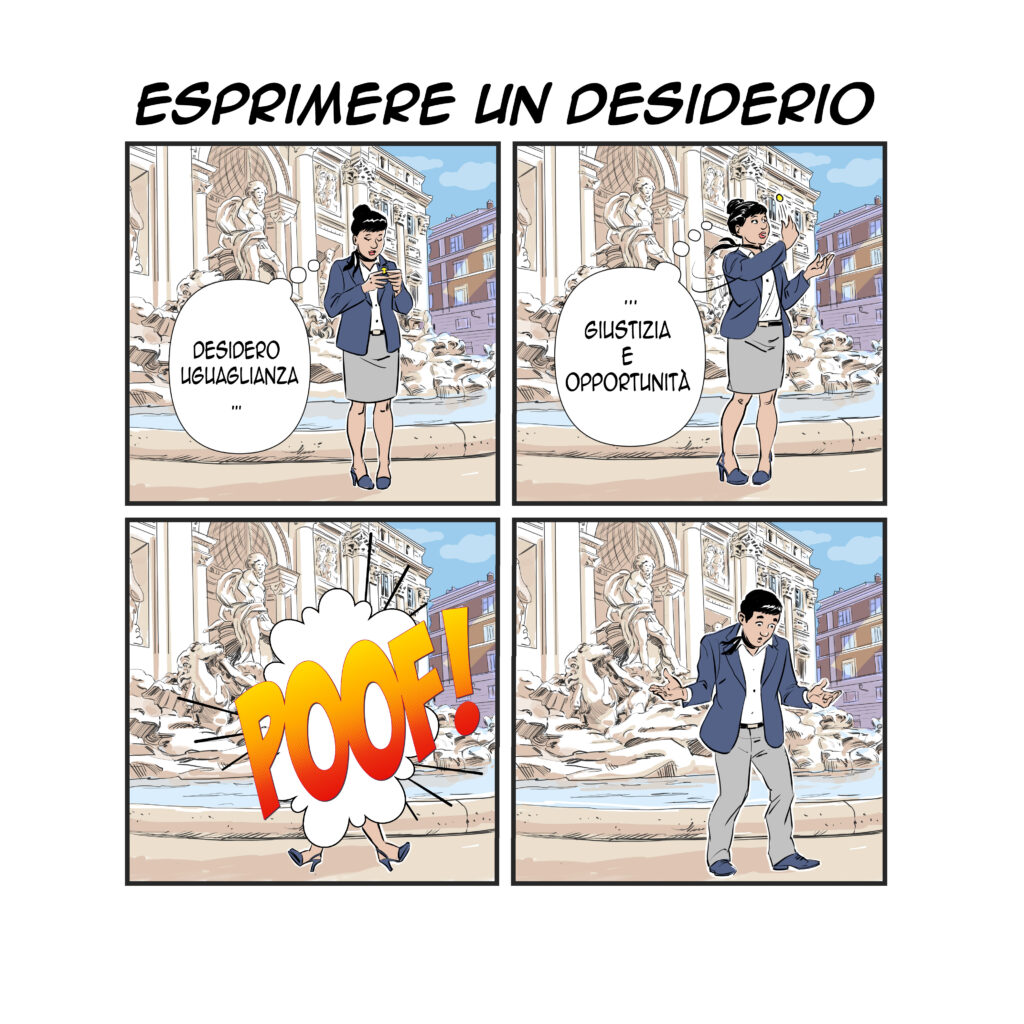 Maria Pena original hand drawn storyboard illustration. Four frames two of woman, one where she goes into a Poof of smoke and reappears as a man in a suit.