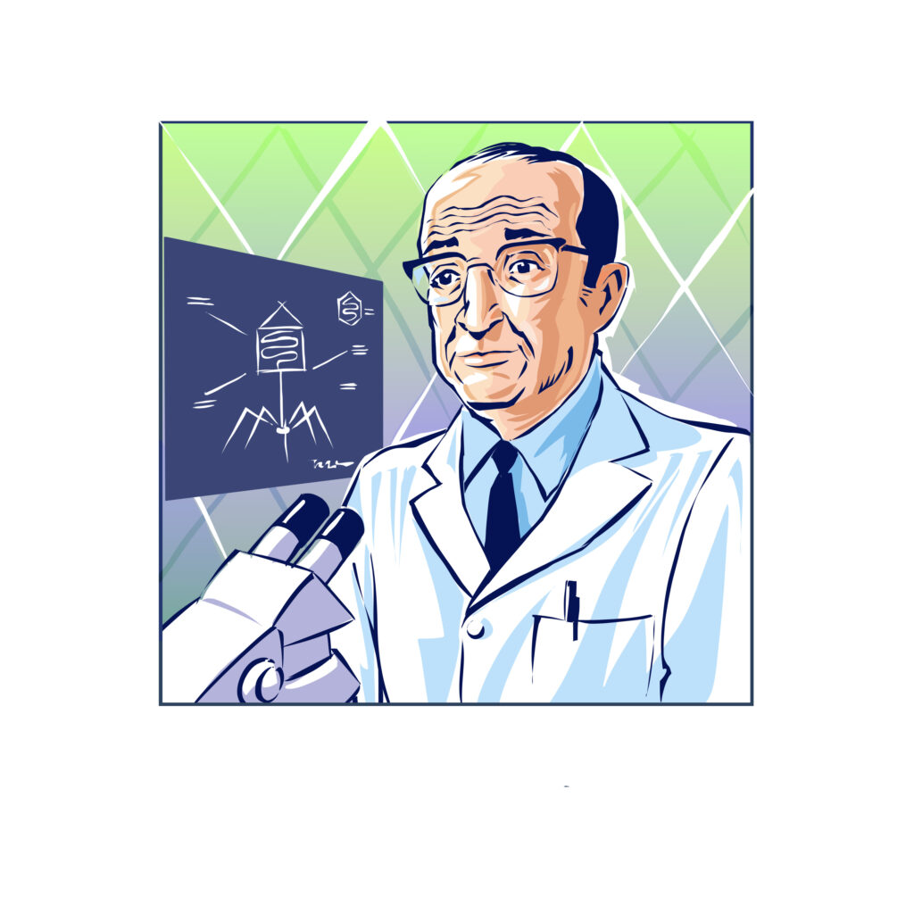 Maria Pena original hand drawn storyboard illustration of older male scientist with glasses in white lab coat looking at microscope