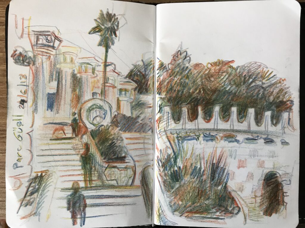 Colour pencil sketch of Parque Güell, Barcelona. 2018 by Maria Pena, Artist and Illustrator. Also known as Maria de Los Angeles Pena. #Storyboarderau #storyboarder