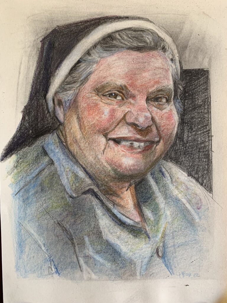 Colour pencil sketch portrait of a nun in Gozo, Malta. By Maria Pena, Artist and Illustrator. Also known as Maria de Los Angeles Pena. #Storyboarderau #storyboarder