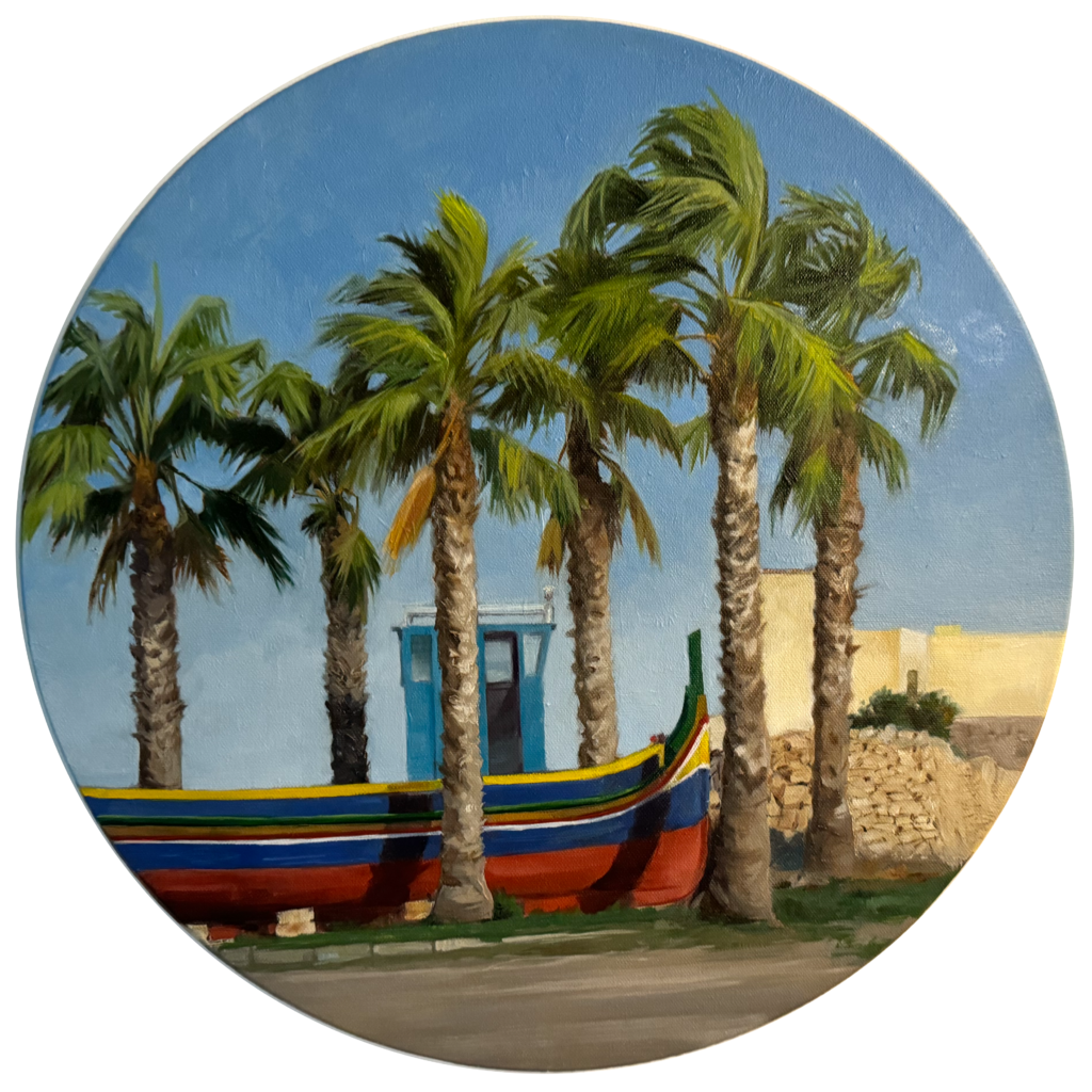 Original oil painting on round stretcher. A traditional Maltese boat painted in blue, red yellow and green, sitting on bricks, surrounded by five palm trees. A rock wall and sandstone buildings are visible in the background. By Maria Pena Artist and Illustrator. Also known as Maria de Los Angeles Pena. storyboarder, storyboarder Australia, Storyboarderau