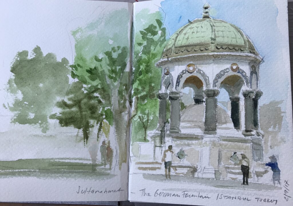 Watercolour sketch of the German Fountain. Sultanahmet, Istanbul 2017 by Maria Pena Artist and Illustrator, also known as Maria de Los Angeles Pena.