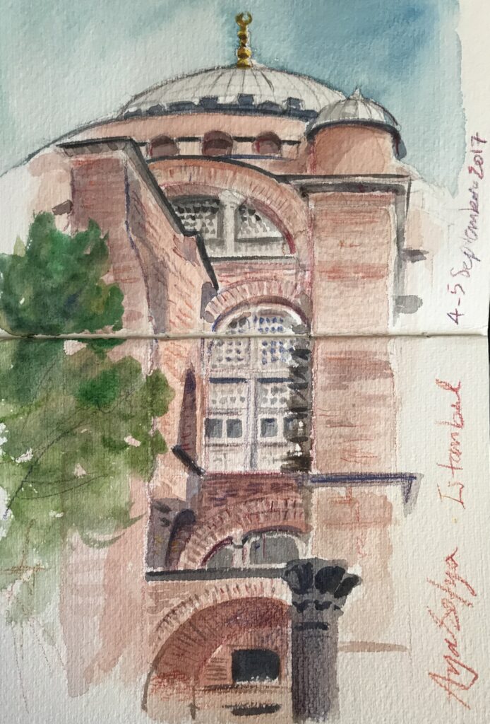 Watercolour sketch of Aya Sofia, a mosque in Istanbul, 2017. Drawing by Maria Pena Artist and Illustrator, also known as Maria de Los Angeles Pena.