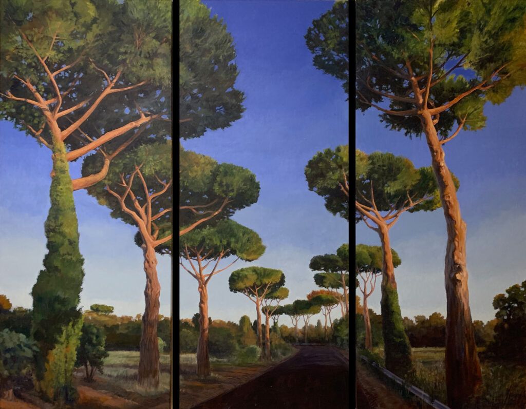 Original acrylic painting of a road, lined with italian pine trees. By Maria Pena Artist and Illustrator. Also known as Maria de Los Angeles Pena. storyboarder, storyboarder Australia, Storyboarderau