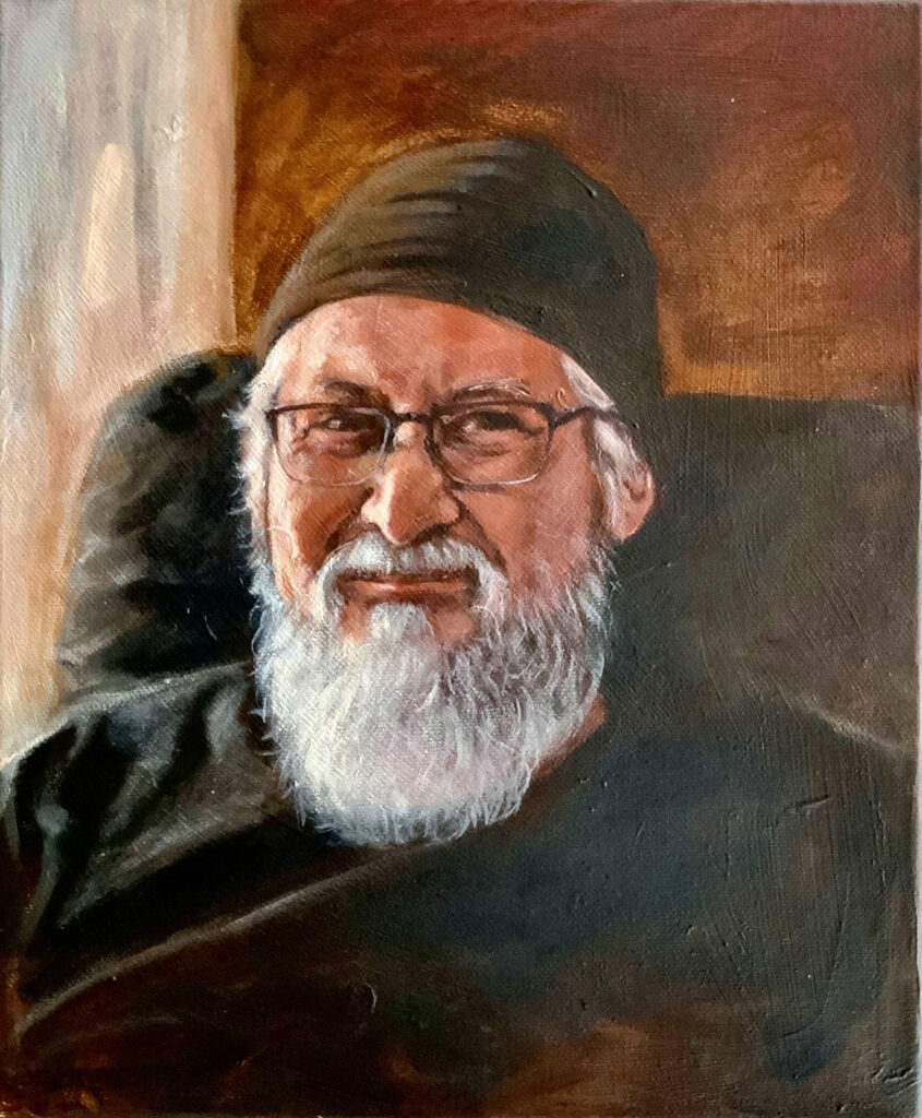 Maria Pena artist A portrait of a bearded man with white hair and a skullcap. By Maria Pena Artist and Illustrator. Also known as Maria de Los Angeles Pena. storyboarder, storyboarder Australia, Storyboarderau
