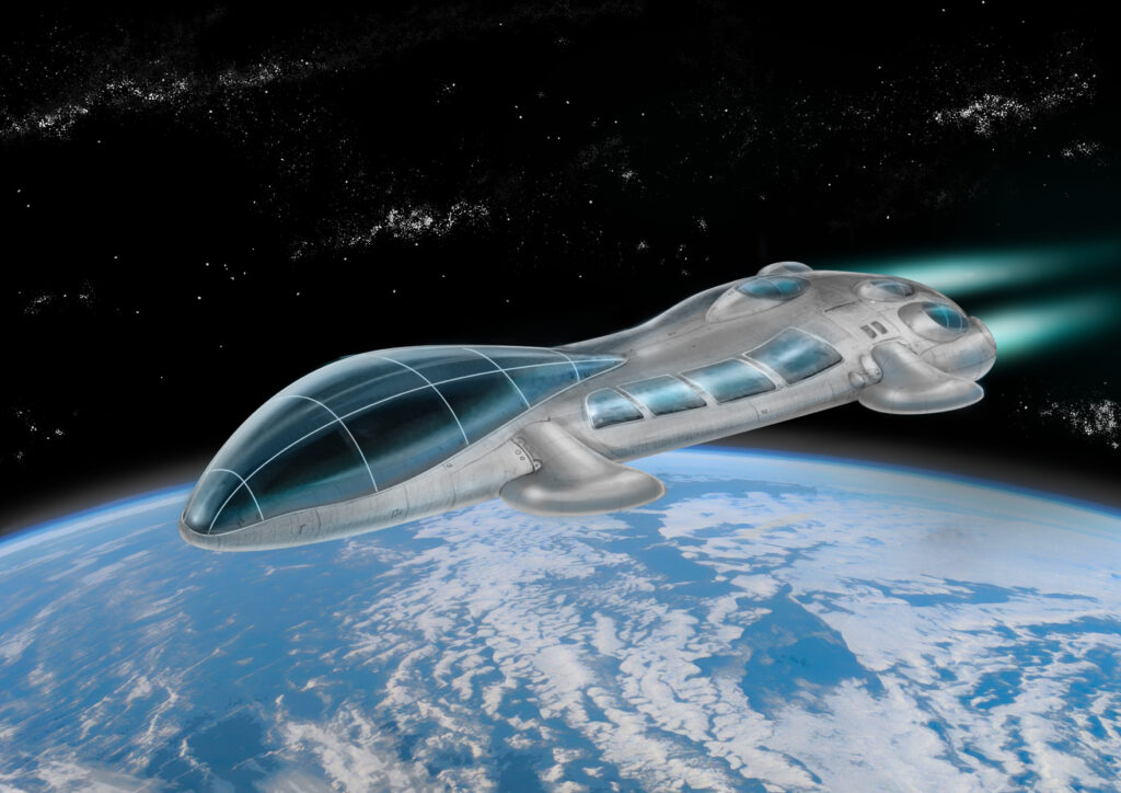 Maria Pena original hand drawn colour illustration of space transporter in space with earth in the background.