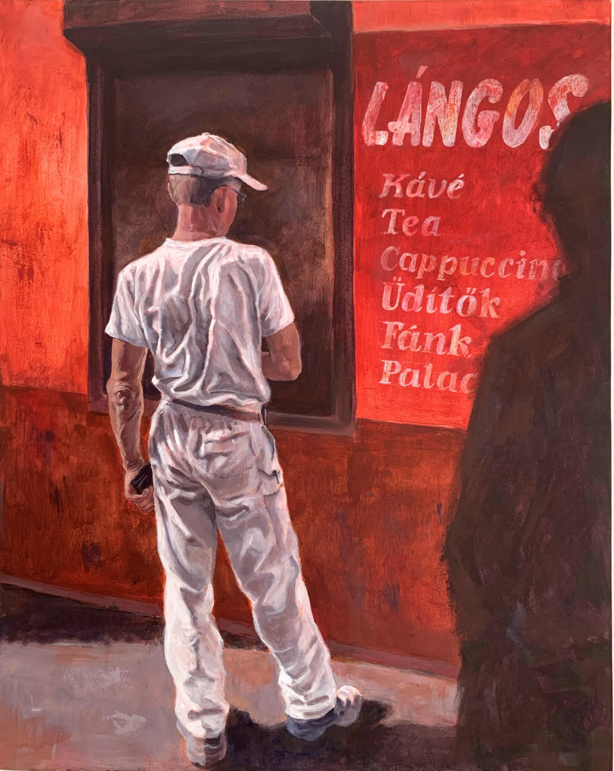 Portrait of a man, facing away from us. He is dressed in white painting clothes. He is standing in front of a sign written in Hungarian. He is buying Lángos at the market. By Maria Pena Artist and Illustrator. Also known as Maria de Los Angeles Pena. storyboarder, storyboarder Australia, Storyboarderau