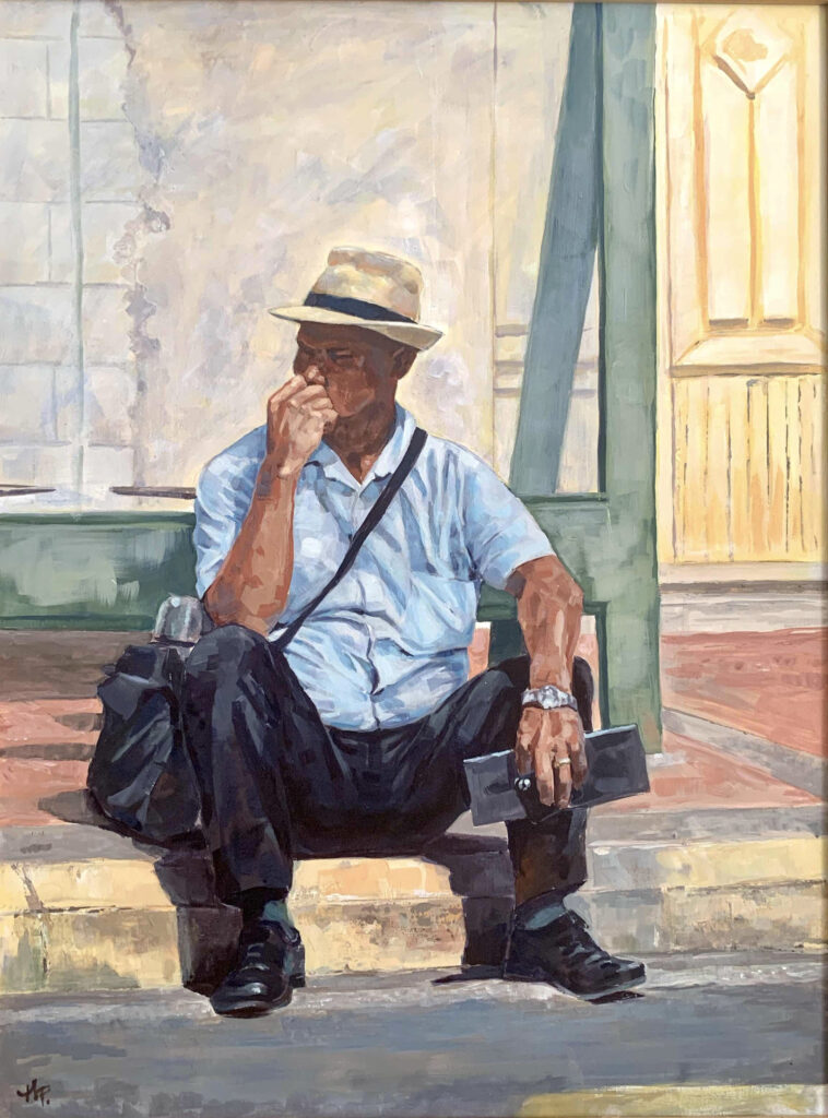 An acrylic painting of a neatly dressed man sitting on the curb. Facing the viewer. By Maria Pena Artist and Illustrator. Also known as Maria de Los Angeles Pena. storyboarder, storyboarder Australia, Storyboarderau