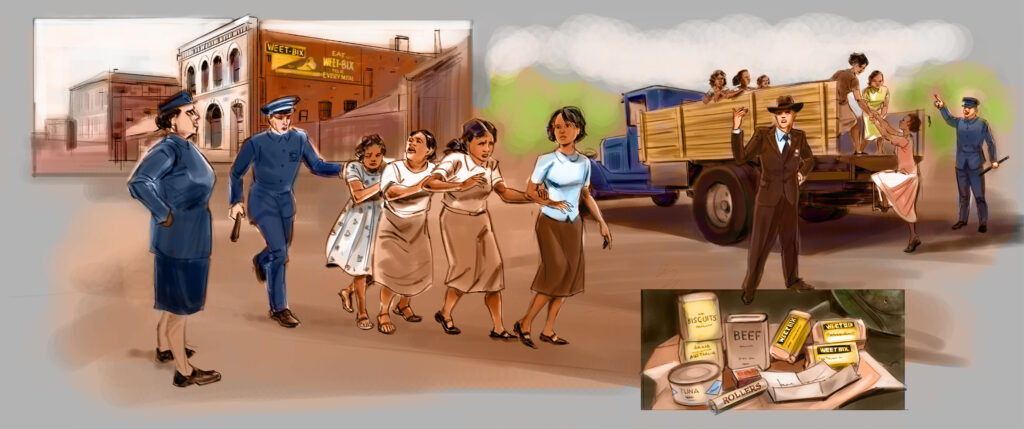 Maria Pena original hand drawn colour illustration of police rounding up brown people in early 20th century street scene.