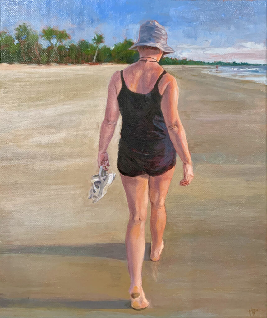 Original oil painting of a barefoot woman walking on a tropical beach, walking away from us.By Maria Pena Artist and Illustrator. Also known as Maria de Los Angeles Pena. storyboarder, storyboarder Australia, Storyboarderau