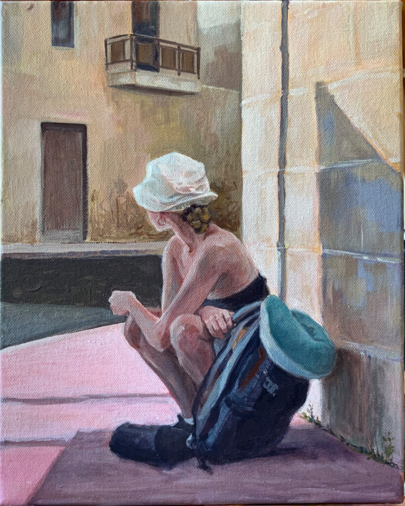 Original acrylic painting of young female tourist in sun hat and tank top waiting on the corner for the bus with backback and neck pillow. By Maria Pena Artist and Illustrator. Also known as Maria de Los Angeles Pena. storyboarder, storyboarder Australia, Storyboarderau