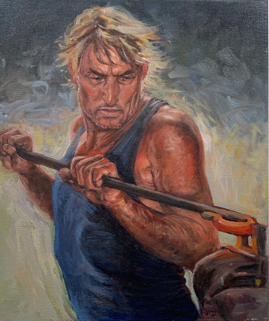 Original painting of man with blond hair in blue singlet bending hot metal rod with great physical effort. By Maria Pena Artist and Illustrator. Also known as Maria de Los Angeles Pena. storyboarder, storyboarder Australia, Storyboarderau