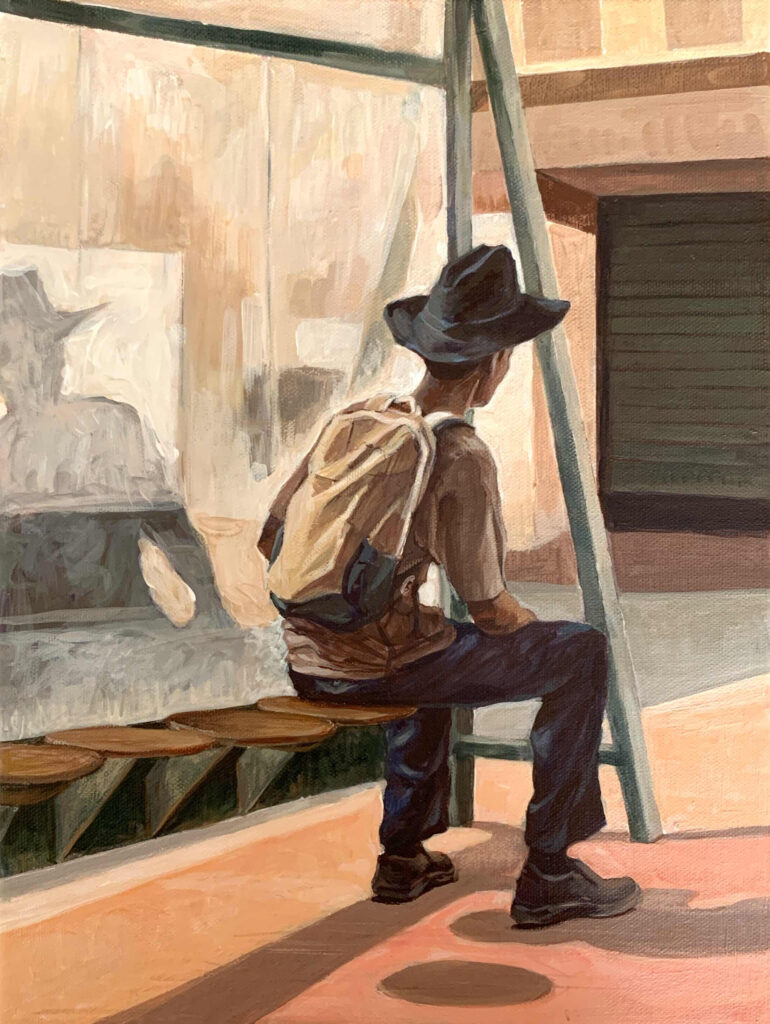 Original acrylic on canvas painting of dark skinned man waiting at bus stop with hat on his head. He is facing away from us. He is most probably an African immigrant. By Maria Pena Artist and Illustrator. Also known as Maria de Los Angeles Pena. storyboarder, storyboarder Australia, Storyboarderau