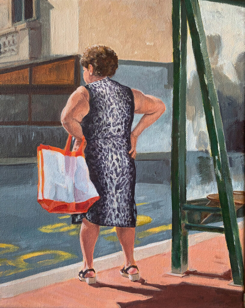 Original acrylic painting of older woman waiting at bus stop with shopping n bag in her hand. By Maria Pena Artist and Illustrator. Also known as Maria de Los Angeles Pena. storyboarder, storyboarder Australia, Storyboarderau