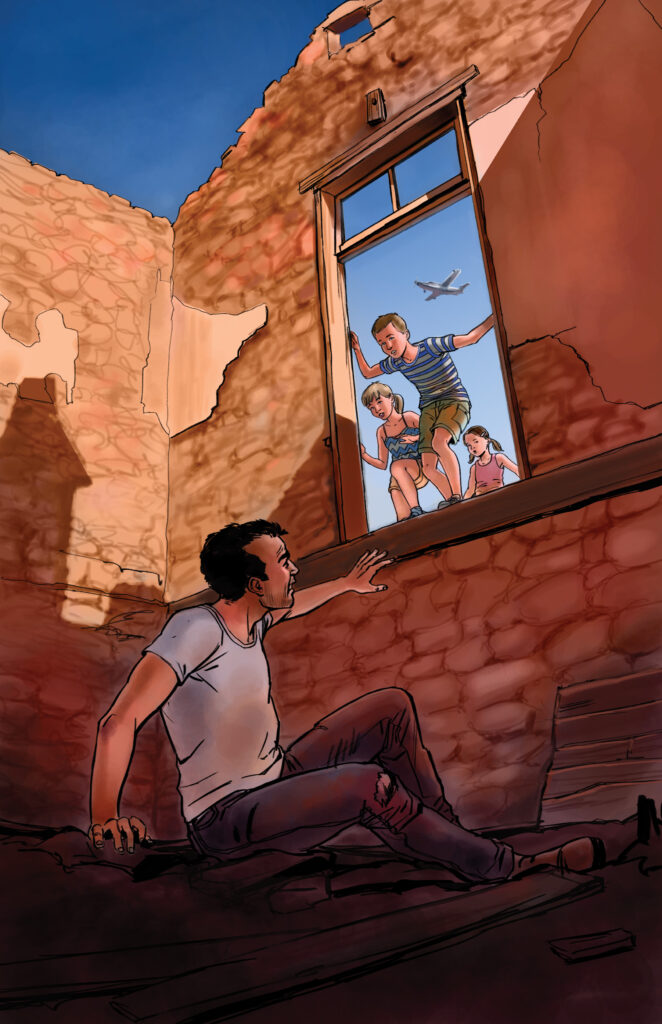 Maria Pena original hand drawn colour storyboard remote rescue of man in abandoned stone building with children finding him through window.