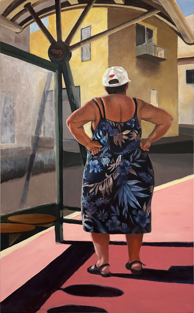 Acrylic painting on canvas. A woman in a floral dress, standing at a bus stop. She is facing away from us, looking towards the street where the bus should be arriving. Sandstone buildings surround her.By Maria Pena Artist and Illustrator. Also known as Maria de Los Angeles Pena. storyboarder, storyboarder Australia, Storyboarderau
