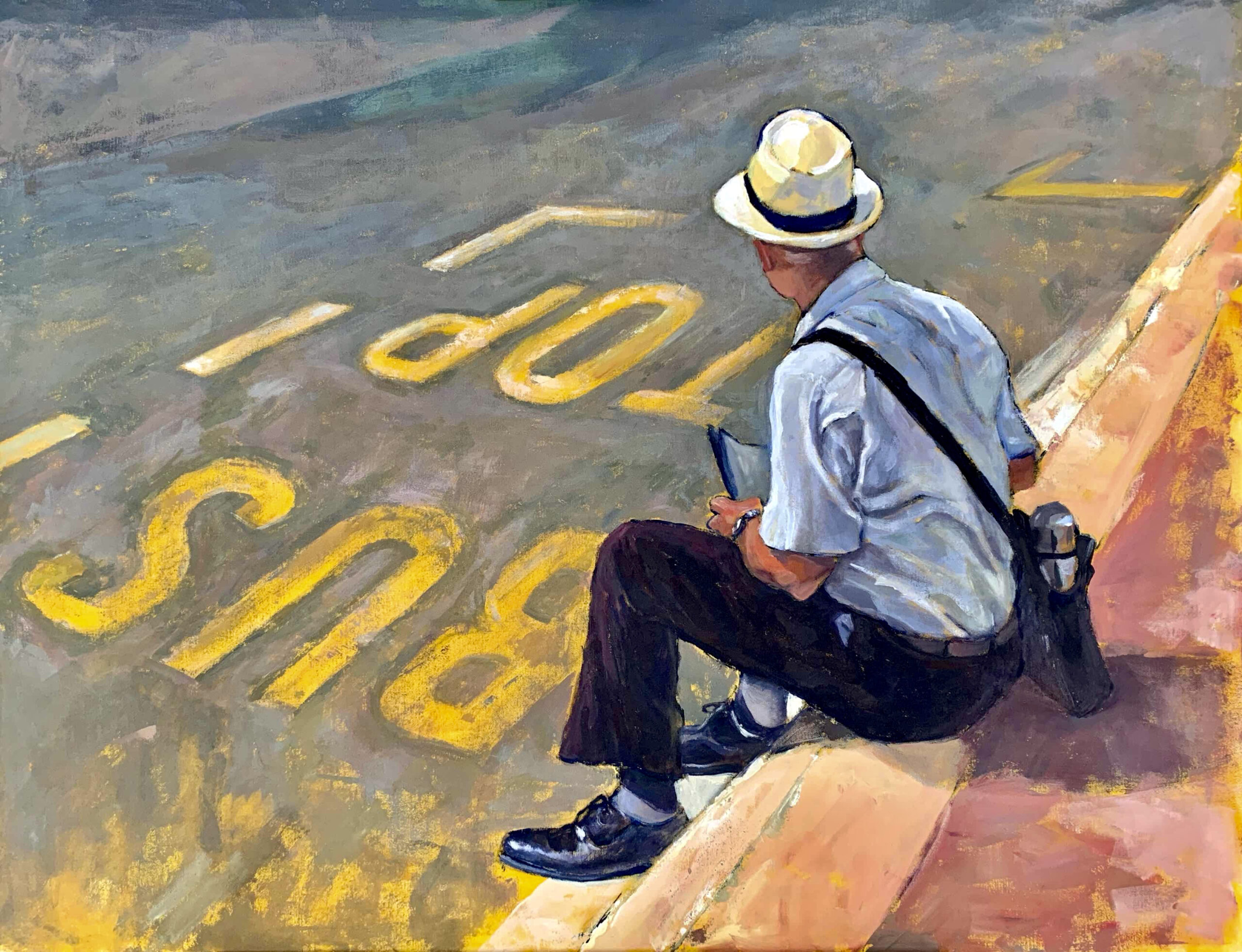Acrylic on canvas painting of a neatly dressed man sitting on the curb, facing away from us. The words Bus Stop are painted on the street in front of him. By Maria Pena Artist and Illustrator. Also known as Maria de Los Angeles Pena. storyboarder, storyboarder Australia, Storyboarderau