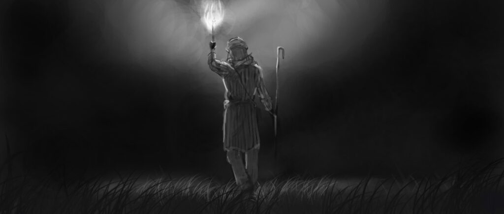 Maria Pena artist, digital black and white illustration of person holding a staff with other arm raised holding torch in the dark. By Maria Pena Artist and Illustrator. Also known as Maria de Los Angeles Pena. storyboarder, storyboarder Australia, Storyboarderau